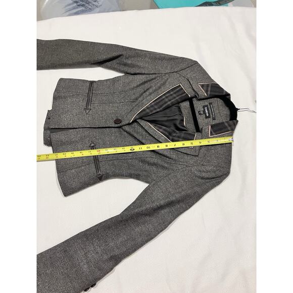 Bebe Jacket Womens 6 Charcoal Blazer 2 Button Tweed Texture Plaid Trim Peplum - Picture 12 of 16